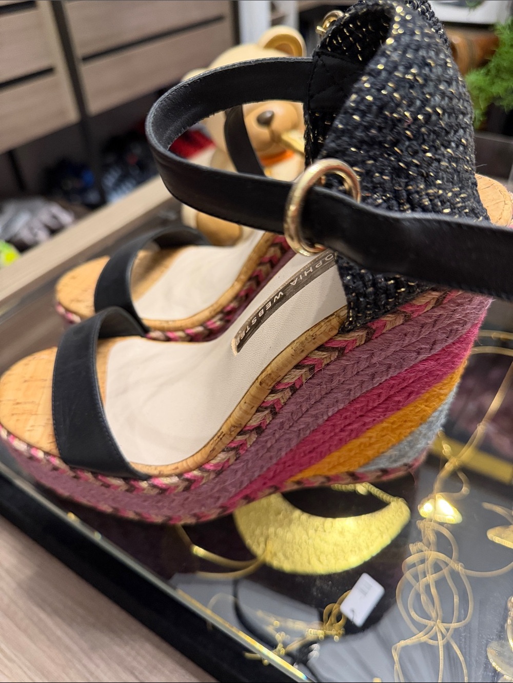Wedge Espadrille Sandals in Black with Multicolor Braided Platform